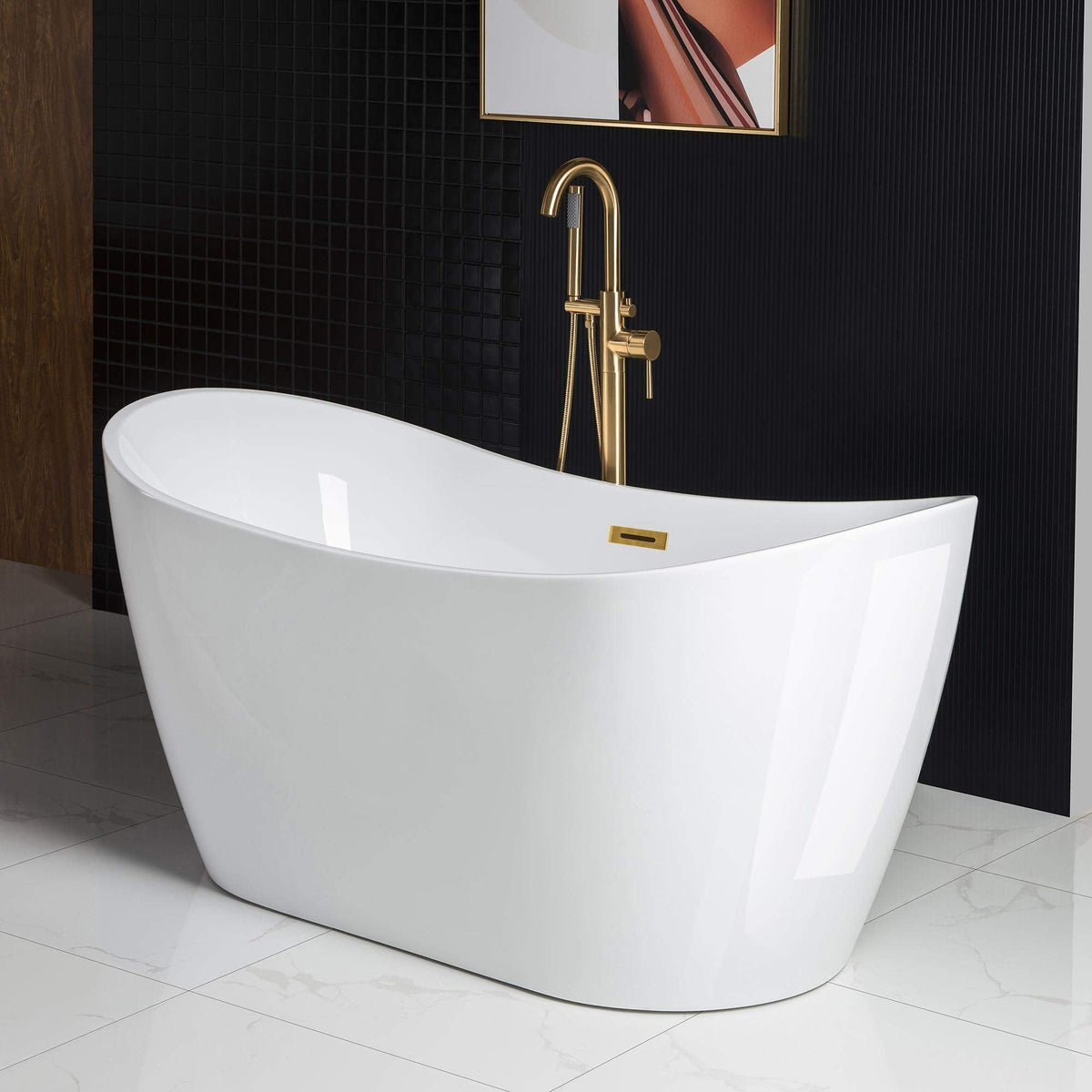 WOODBRIDGE 67" Acrylic Freestanding Bathtub Contemporary Soaking White Tub with Brushed Gold Overflow and Drain,B0010-BG