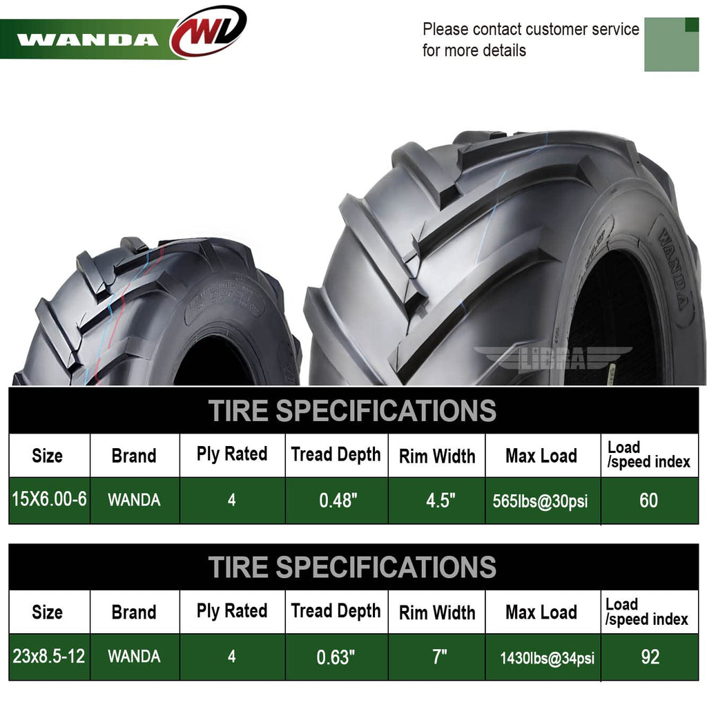 WANDA 4PC 15X6-6 & 20X10-8 Lawn Mower Tractor Tires Super Lug -13078/13071