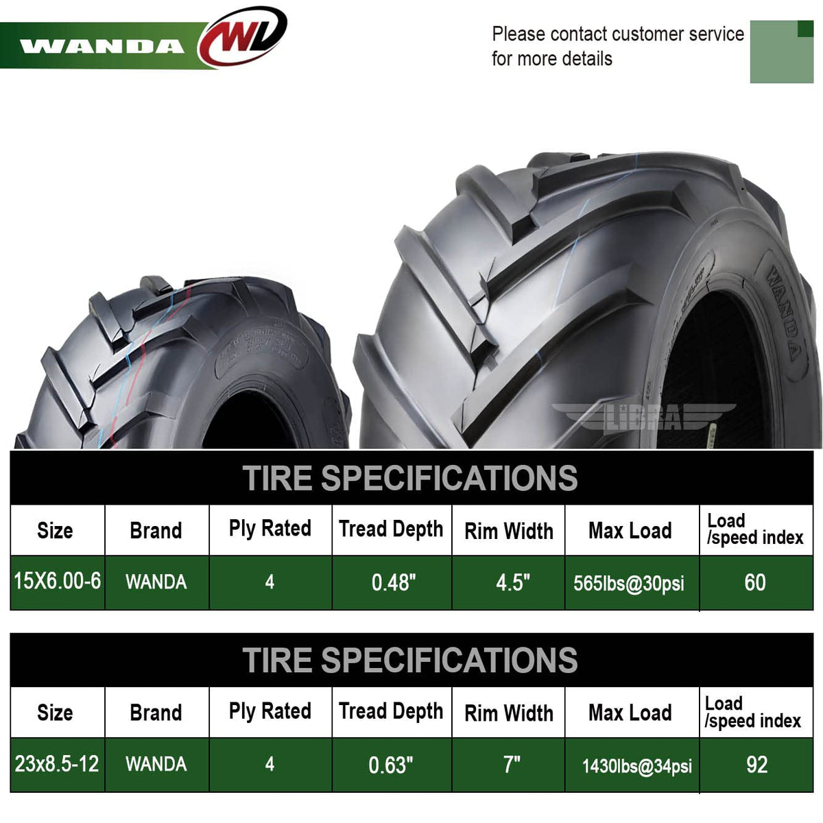 WANDA 4PC 15X6-6 & 20X10-8 Lawn Mower Tractor Tires Super Lug -13078/13071