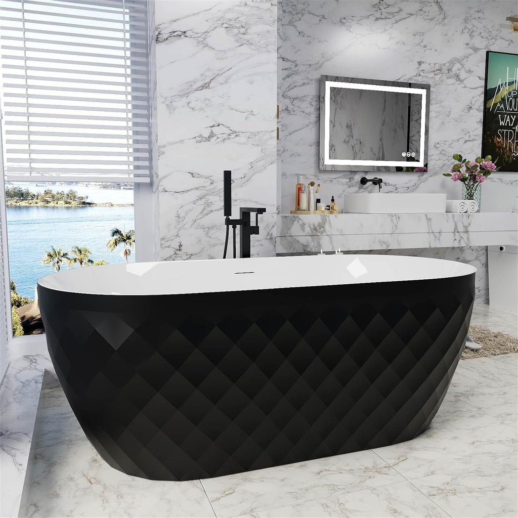 59" Acrylic Freestanding Bathtub,Double Ended,Lozenge Texture,Black