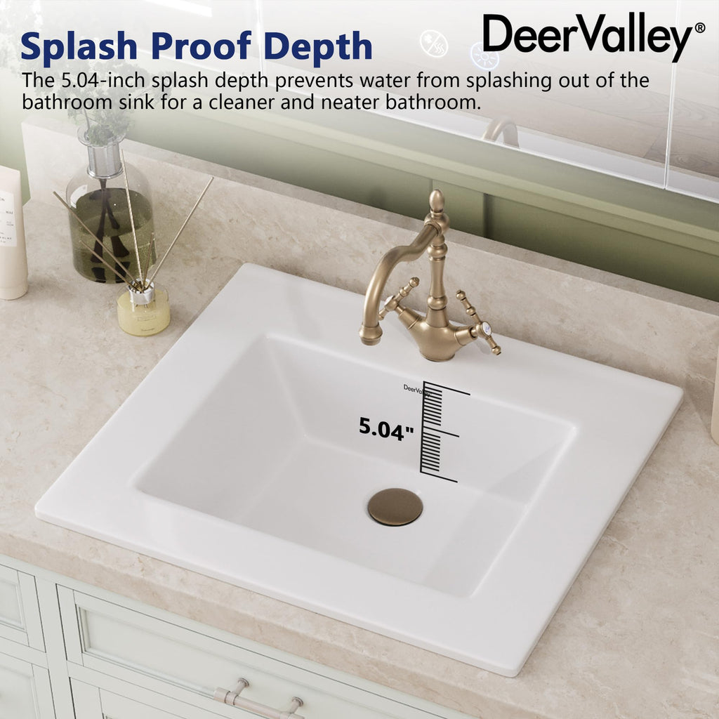 DeerValley Drop In Bathroom Sink White 21"x18" Rectangle Sleek 3-Hole Basin
