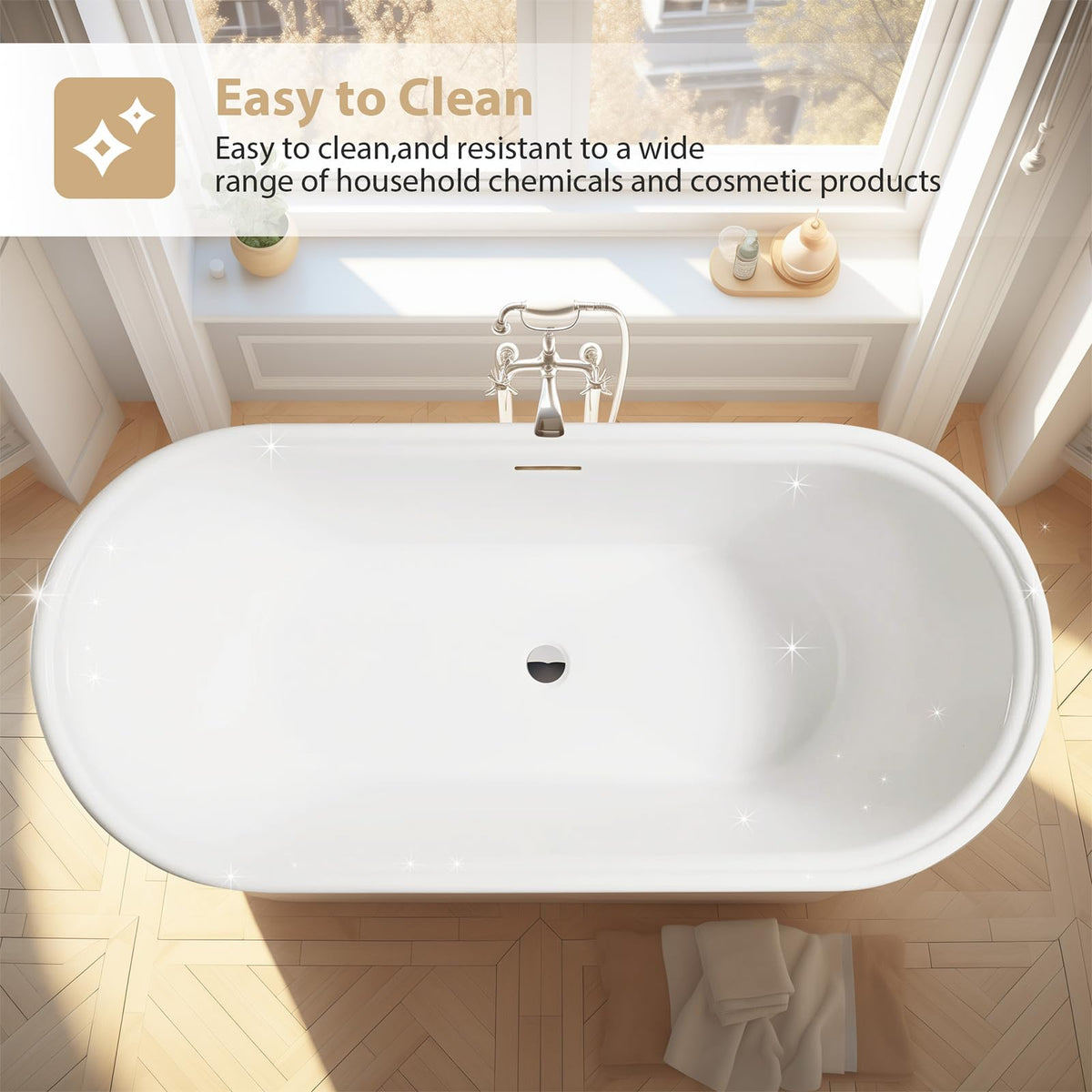 Vanity Art 59 x 30 Inches Freestanding Bathtub Acrylic Modern Stand Alone Soaking Tub with UPC Certified Slotted Overflow and Pop-up Center Drain, White VA6610-S