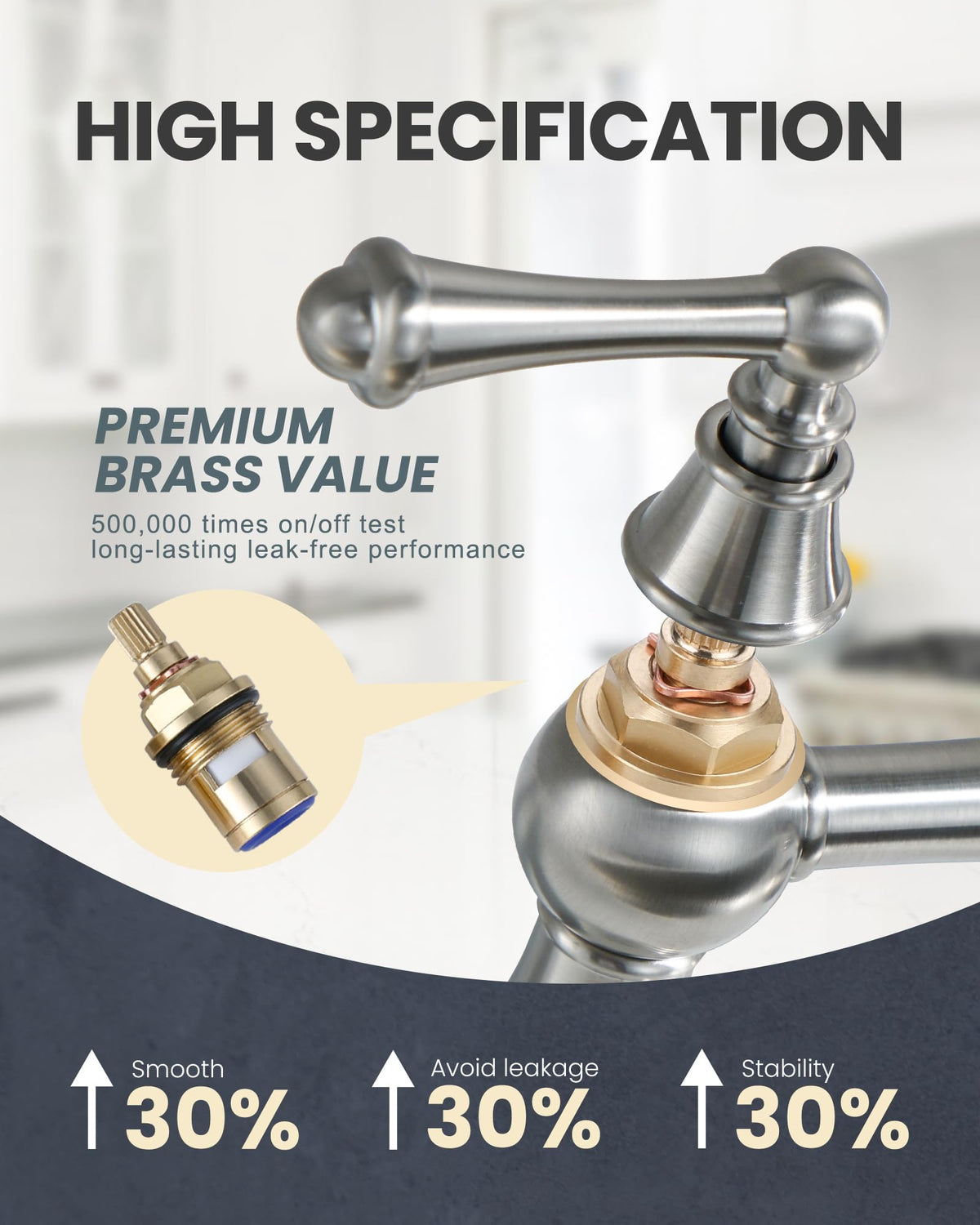 WOWOW Brass Bridge Kitchen Faucet 4 Hole with Side Sprayer, Brushed Gold