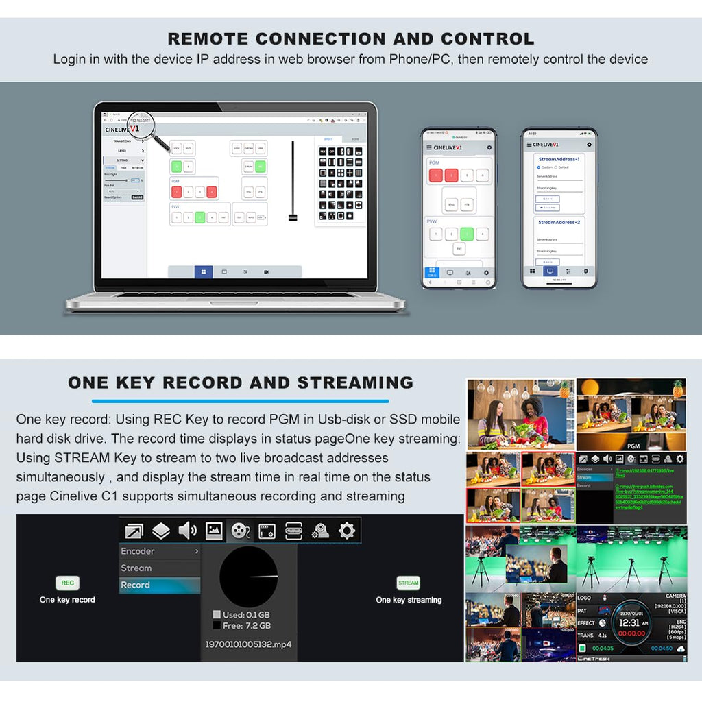 CINETREAK C1 4*HDMI Video Mixer Switcher with 5inch Screen livestream Video Mixer H.264 Recorder with PTZ Camera Control Broadcast switcher Live Production Mixer for OBS,Vmix,YouTube,Ins