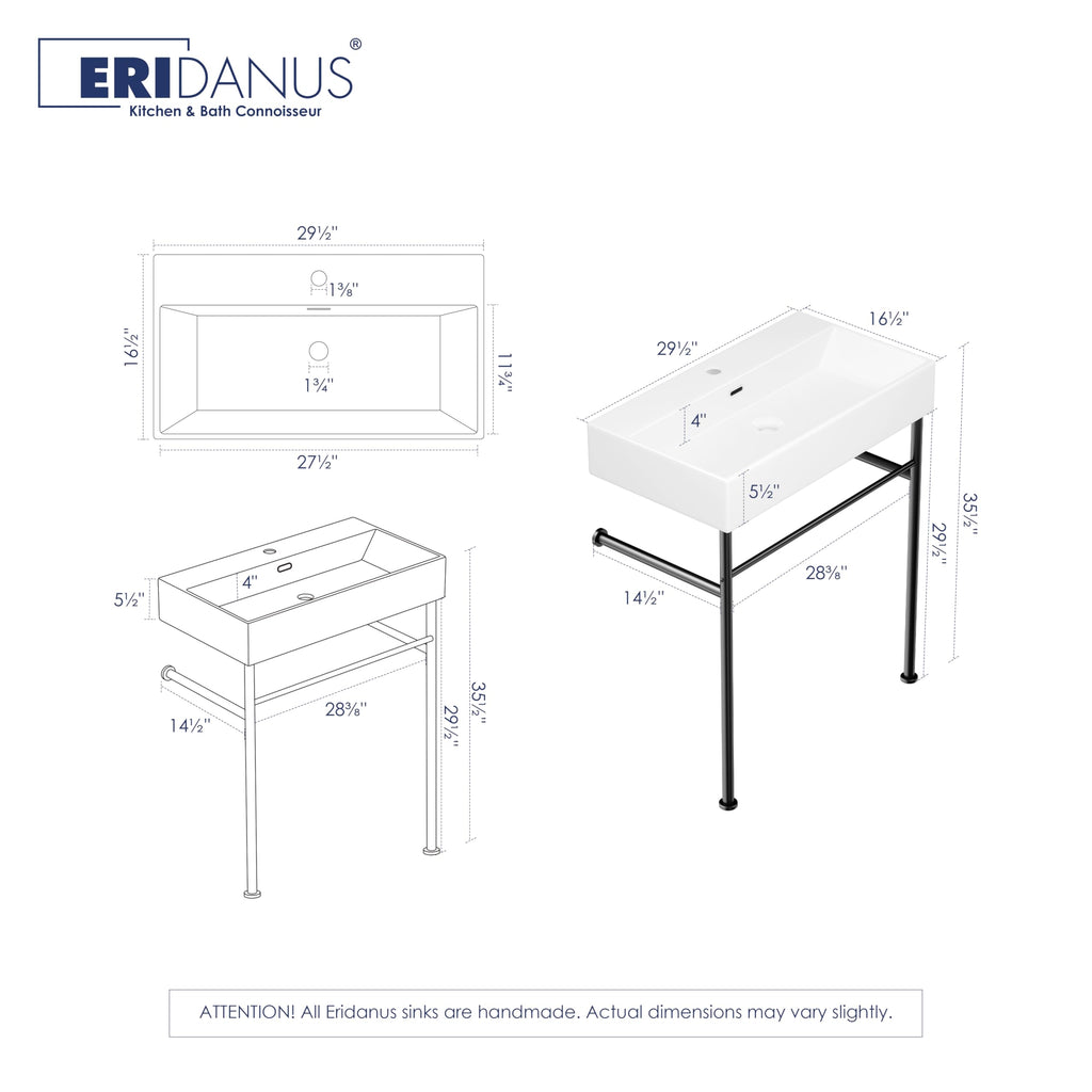 Eridanus 24"x16" Console Bathroom Sink, Free Standing 30 Inch Stainless Steel Support Pedestal Legs, Wall Mount White Vessel Ceramic Vanity Basin, Modern Rectangular Sinks Porcelain, Matte Black