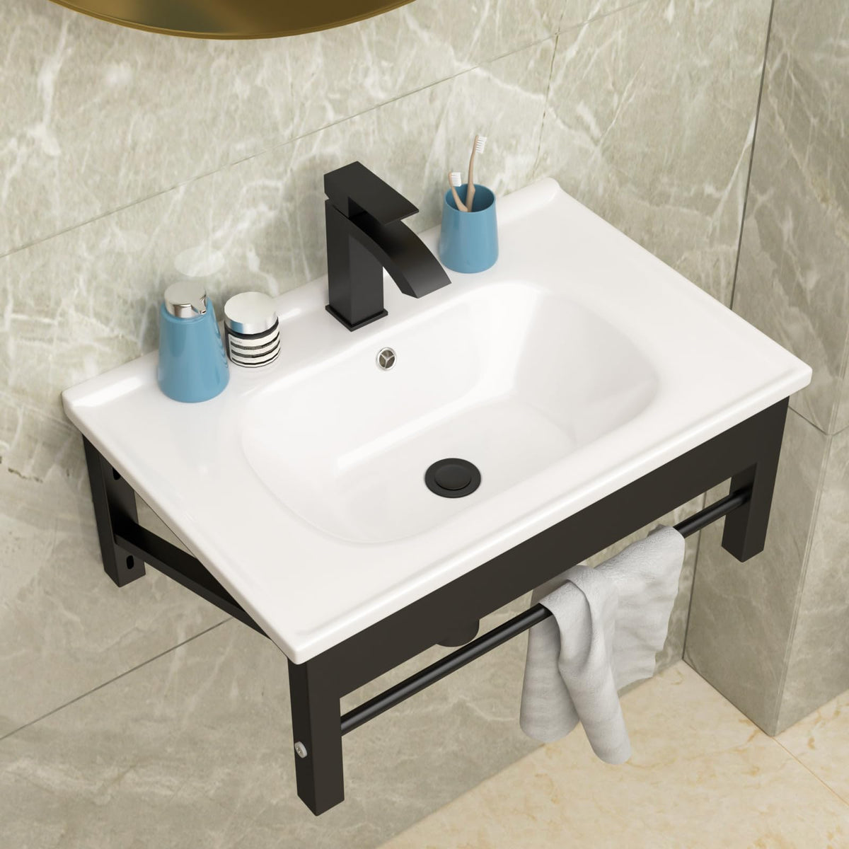 Lordear Wall Mount Bathroom Sink 21x12 Inch White Rectangle Sink with Overflow Porcelain Ceramic Floating Bathroom Vessel Sinks, Wall Hung Wash Hand Basin