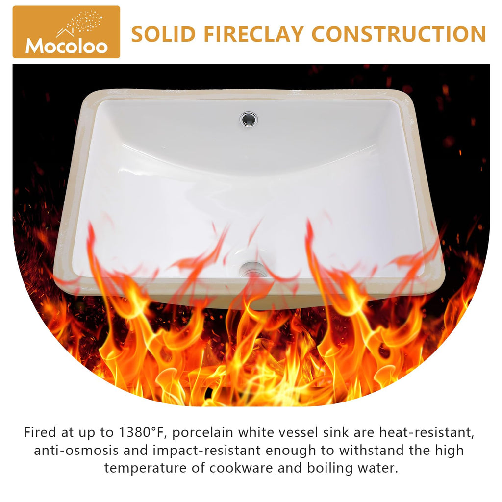 Mocoloo Bathroom Sink Undermount 22"x16" White Rectangle Porcelain Sink with Vertical Sides and Overflow Drain Under Counter Mount Ceramic Lavatory Vanity Sinks for Bathroom Interior Size 19 x 13