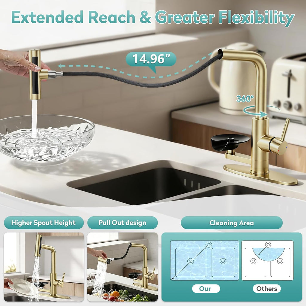 MIAOHUI Brushed Gold Kitchen Faucet with Glass Rinser, 4 Modes