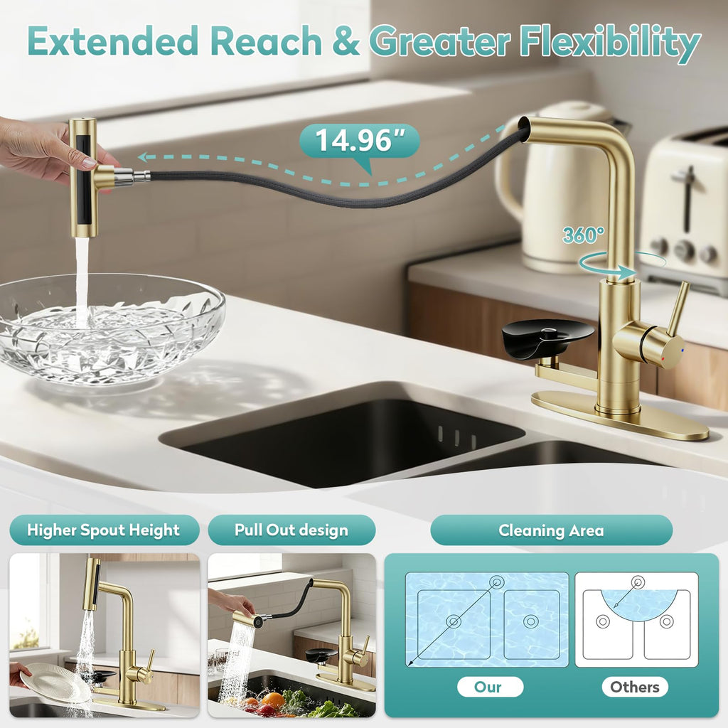MIAOHUI Brushed Gold Kitchen Faucet with Glass Rinser, 4 Modes