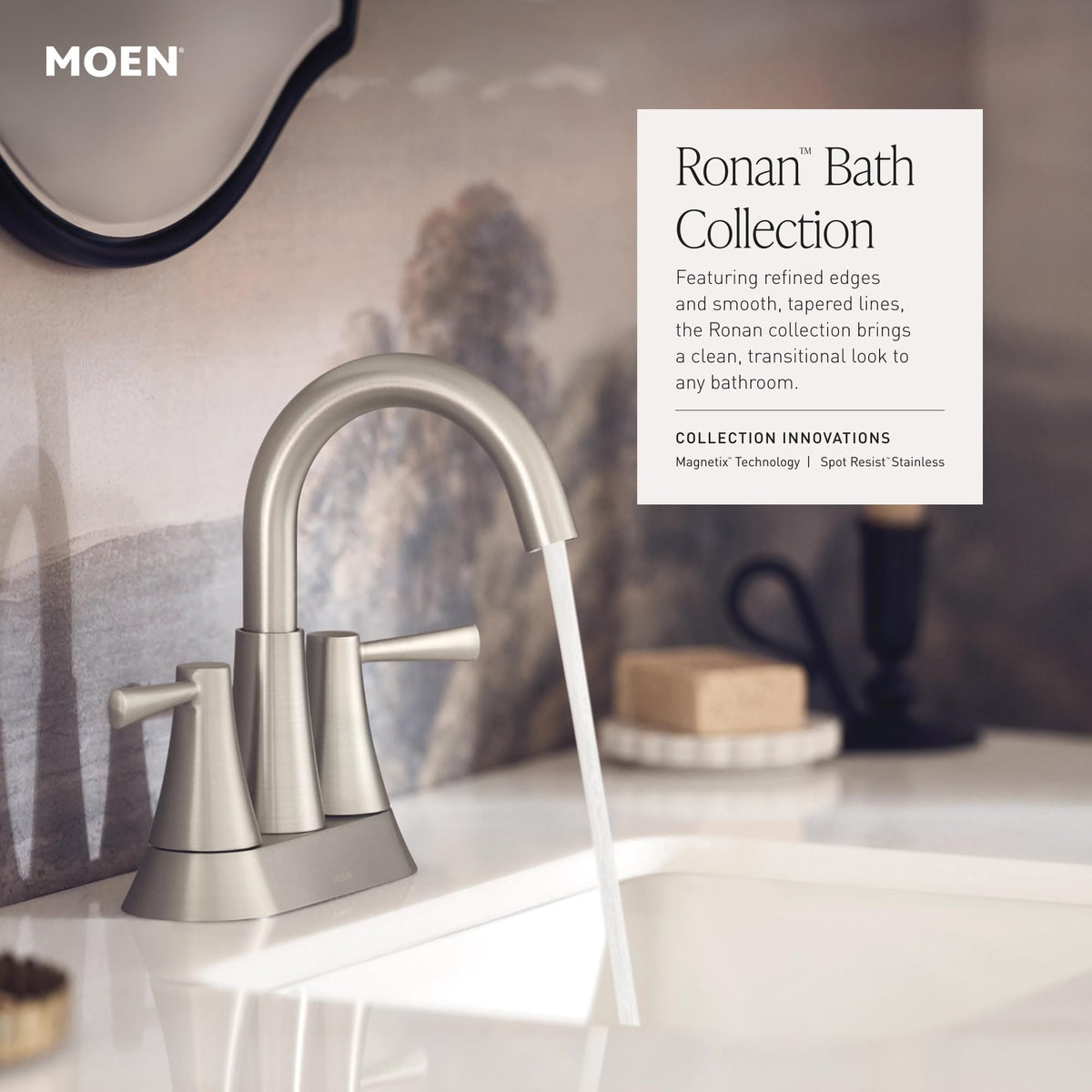 Moen Ronan Matte Black Double Bend Single Hole Modern Bathroom Sink Faucet with Optional Deckplate and Spring Loaded Drain Assembly, 84024BL