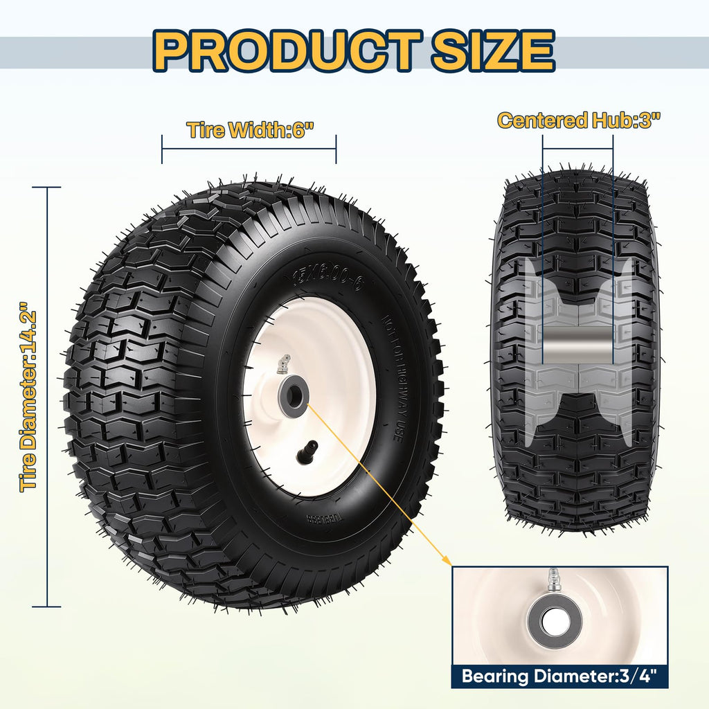 15x6.00-6 Flat Free Lawn Mower Tire and Wheel, 15x6-6 Front Tire Assembly