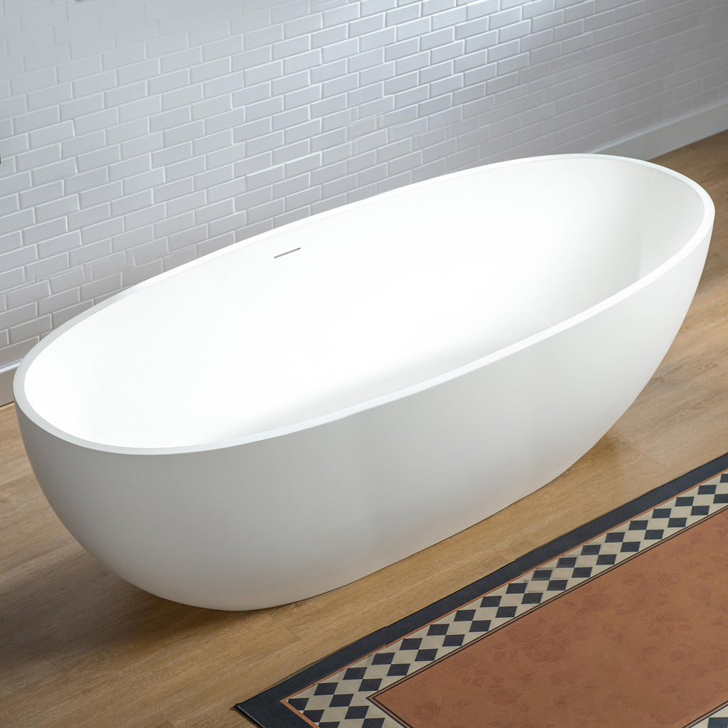 WOODBRIDGE 61" Stone Resin Freestanding Soaking Tub, Modern Oval Solid Surface Bathtub with Integrated Slotted Overflow & Drain, Matte White