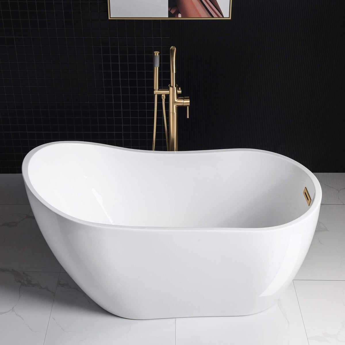 WOODBRIDGE 54"Freestanding White Acylic Soaking Bathtub with Brushed Nickel Drain and Overflow,BTA1507 -B/N-Drain &O
