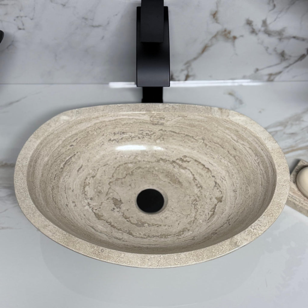 Oval Travertine Vessel Sink â Natural Stone Wash Basin, Hand-Carved Bathroom Sink with Chiseled Exterior & Polished Interior, Above Counter Vanity Basin (Includes Matching Soap Tray)
