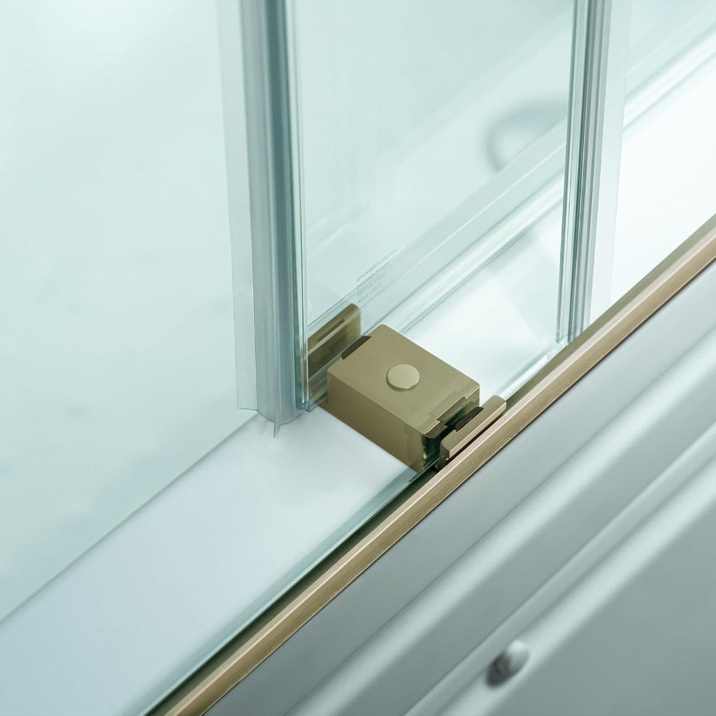 Woodbridge 56-60" W x 62" H Frameless Bathtub Shower Door,Double Sliding Soft-Close Doors,3/8(10mm) Tempered Glass with Explosion Proof Film in Brushed Bronze Finish