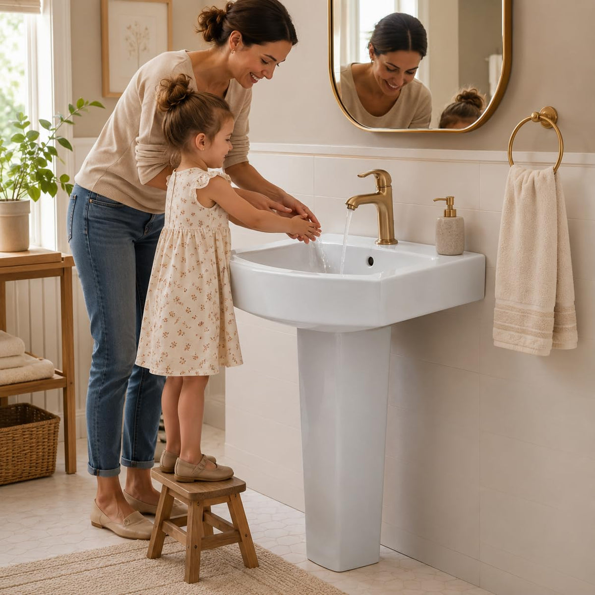 Garvee White Ceramic Pedestal Bathroom Sink, Single Hole Freestanding Basin