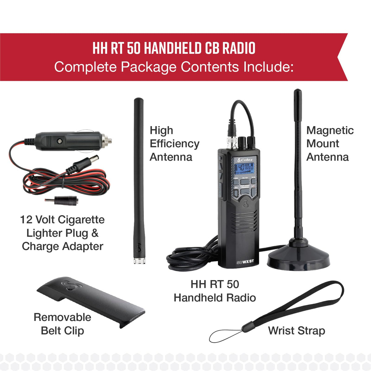 Cobra HHRT50 Road Trip CB Radio - 2-Way Handheld Emergency Radio with Access to Full 40 Channels & NOAA Alerts, Rooftop Magnet Mount Antenna and Omni-Directional Microphone, Black, 6.3" x 2" x 1.75"