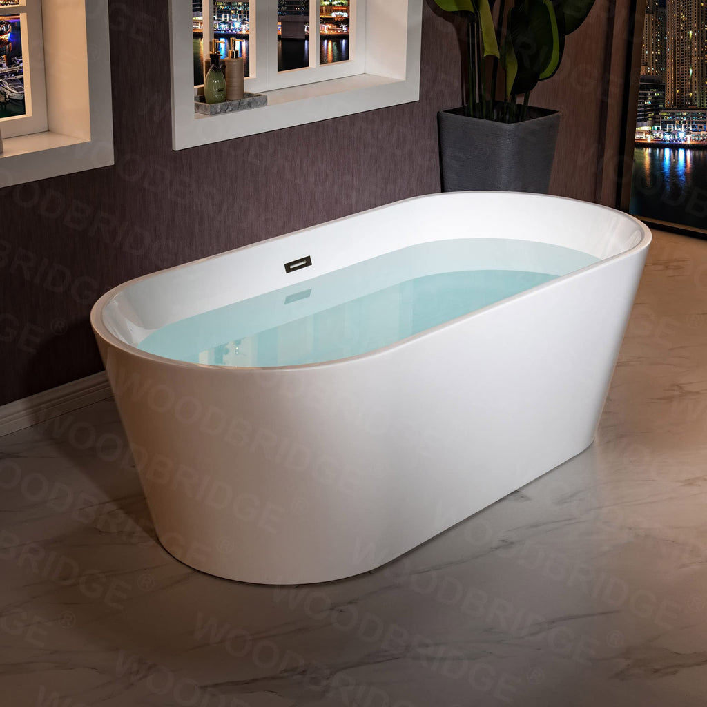 WOODBRIDGE 54" Acrylic Freestanding Bathtub Contemporary Soaking White Tub with Matte Black Overflow and Drain,BTA1702-MB