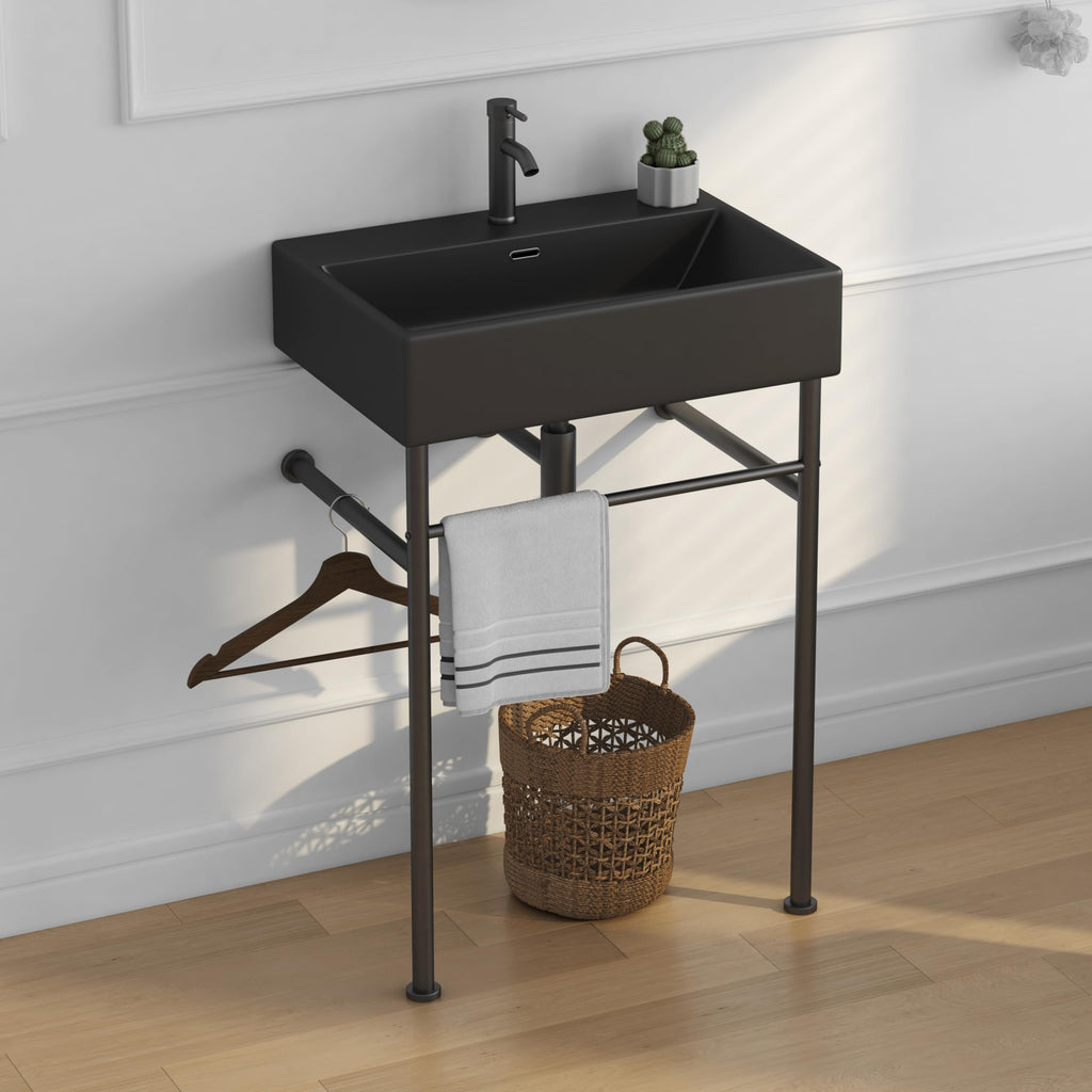 Eridanus 24"x16" Console Bathroom Sink, Free Standing 30 Inch Stainless Steel Support Pedestal Legs, Wall Mount White Vessel Ceramic Vanity Basin, Modern Rectangular Sinks Porcelain, Matte Black