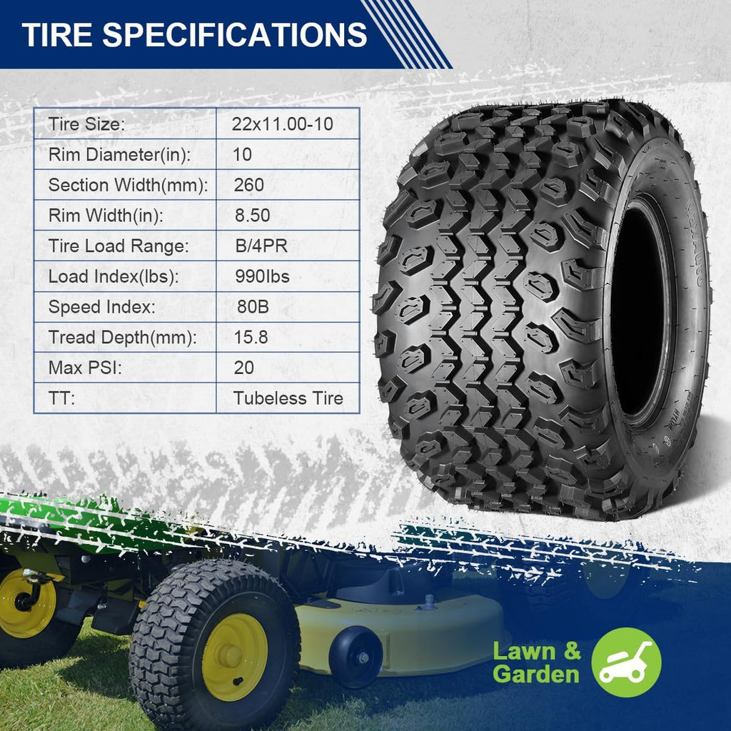 MaxAuto 2pcs 22x11.00-10 Hilly Lawn Tires, 22x11x10 Golf Cart Tires, 4Ply