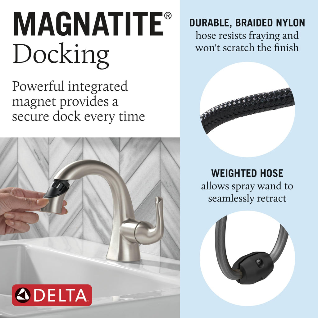 Delta Arvo Brushed Nickel Bathroom Faucet 1 Hole, Single Hole Bathroom Sink Faucet for Vanity, Push-Pop Drain Assembly, Spotshield Stainless 15840LF-SP