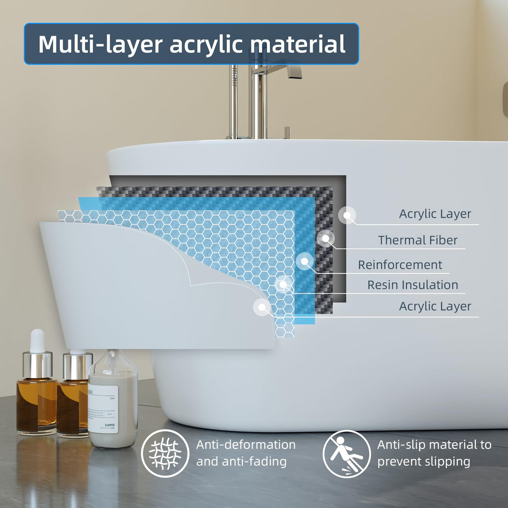 59" Acrylic Freestanding Bathtub, Modern Soaking Tub with Matte Drain and Overflow, Ergonomic Deep Design, Double-Walled Insulation, CUPC Certified, Easy Clean, Slip-Resistant, Gloss White