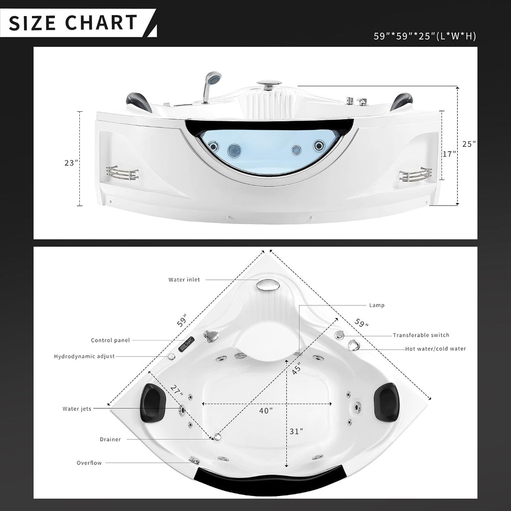 Empava 59" Corner Jetted Bathtub - 2 Person Whirlpool Tub with Heater