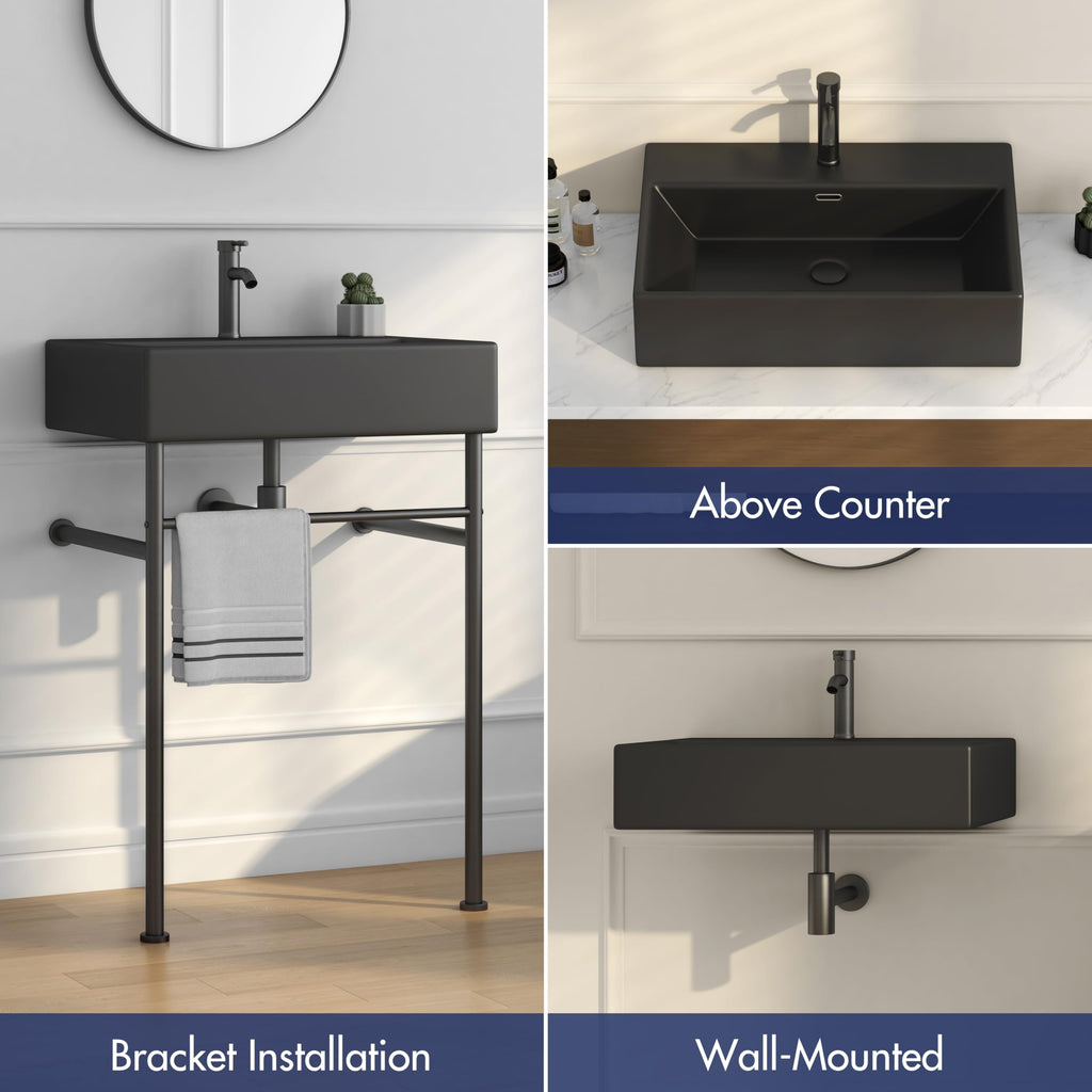 Eridanus 24"x16" Console Bathroom Sink, Free Standing 30 Inch Stainless Steel Support Pedestal Legs, Wall Mount White Vessel Ceramic Vanity Basin, Modern Rectangular Sinks Porcelain, Matte Black