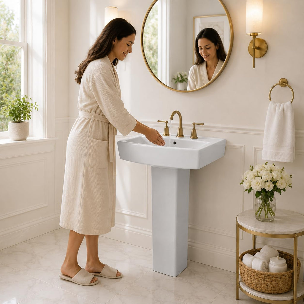 Garvee White Ceramic Pedestal Bathroom Sink, Single Hole Freestanding Basin