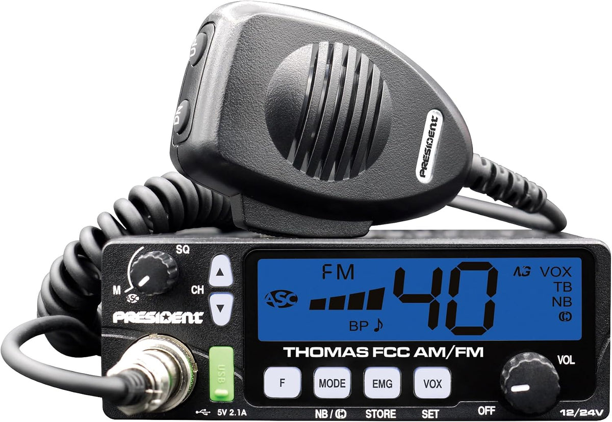 President Thomas FCC AM/FM CB Radio â 40 Channel, VOX Hands-Free, USB Port, ASC, Multi-Color LCD Display â 12/24V Compact Mobile Transceiver for Truckers & Off-Road Communication