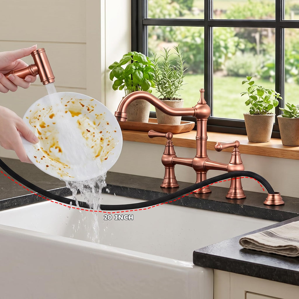 WOWOW Brass Bridge Kitchen Faucet 4 Hole with Side Sprayer, Brushed Gold