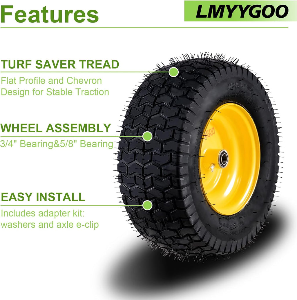 16x6.5-8 Tubeless Tire and Wheel, 2 Pcs Replacement Riding Lawn Mower Garden Tractor Front Wheel Tire with 3" Offset Hub, 3/4" Bearing & 5/8¡±Bearing