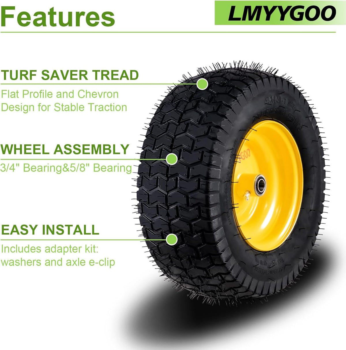16x6.5-8 Tubeless Tire and Wheel, 2 Pcs Replacement Riding Lawn Mower Garden Tractor Front Wheel Tire with 3" Offset Hub, 3/4" Bearing & 5/8¡±Bearing