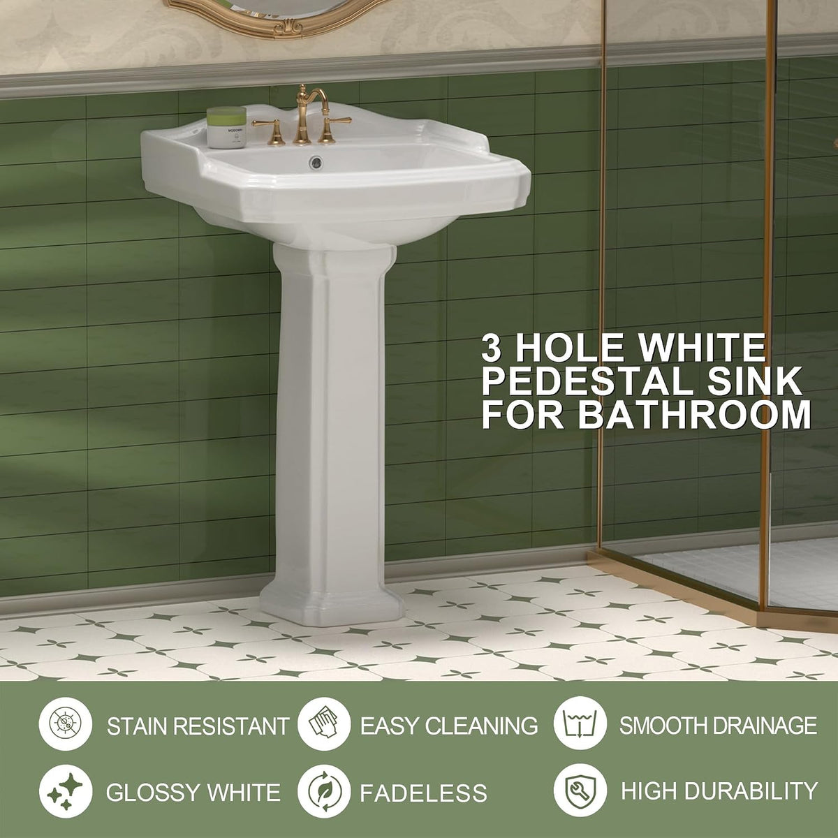 23"x19" Porcelain Retro Bathroom Pedestal Sink White 3 Hole