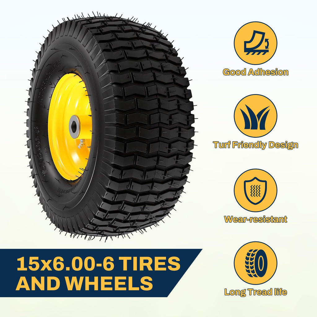 15x6.00-6 Flat Free Lawn Mower Tire and Wheel, 15x6-6 Front Tire Assembly