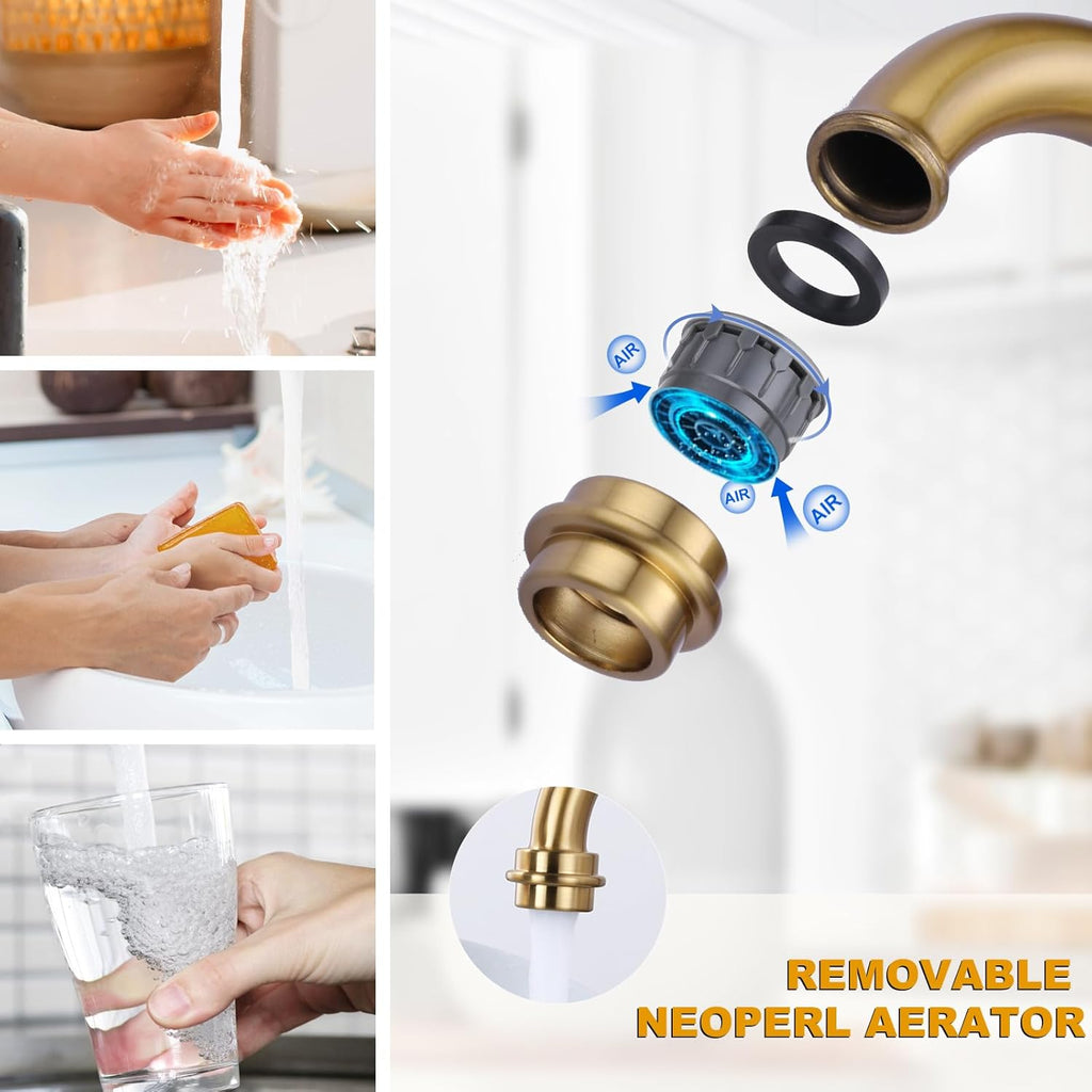 WOWOW Brass Bridge Kitchen Faucet 4 Hole with Side Sprayer, Brushed Gold