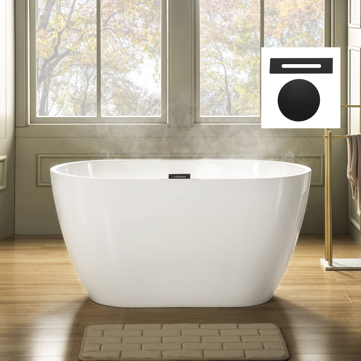 WOODBRIDGE 48" Acrylic Freestanding Bathtub Contemporary Soaking Tub, White Acrylic(Brushed Nickel Drain/Overflow),BTA1703-B/N-Drain&O