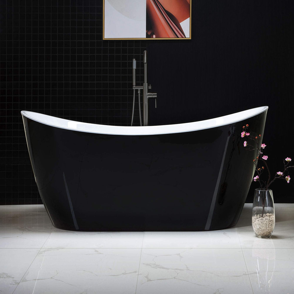 WOODBRIDGE 67" Acrylic Freestanding Bathtub Contemporary Soaking White Tub with Brushed Gold Overflow and Drain,B0010-BG