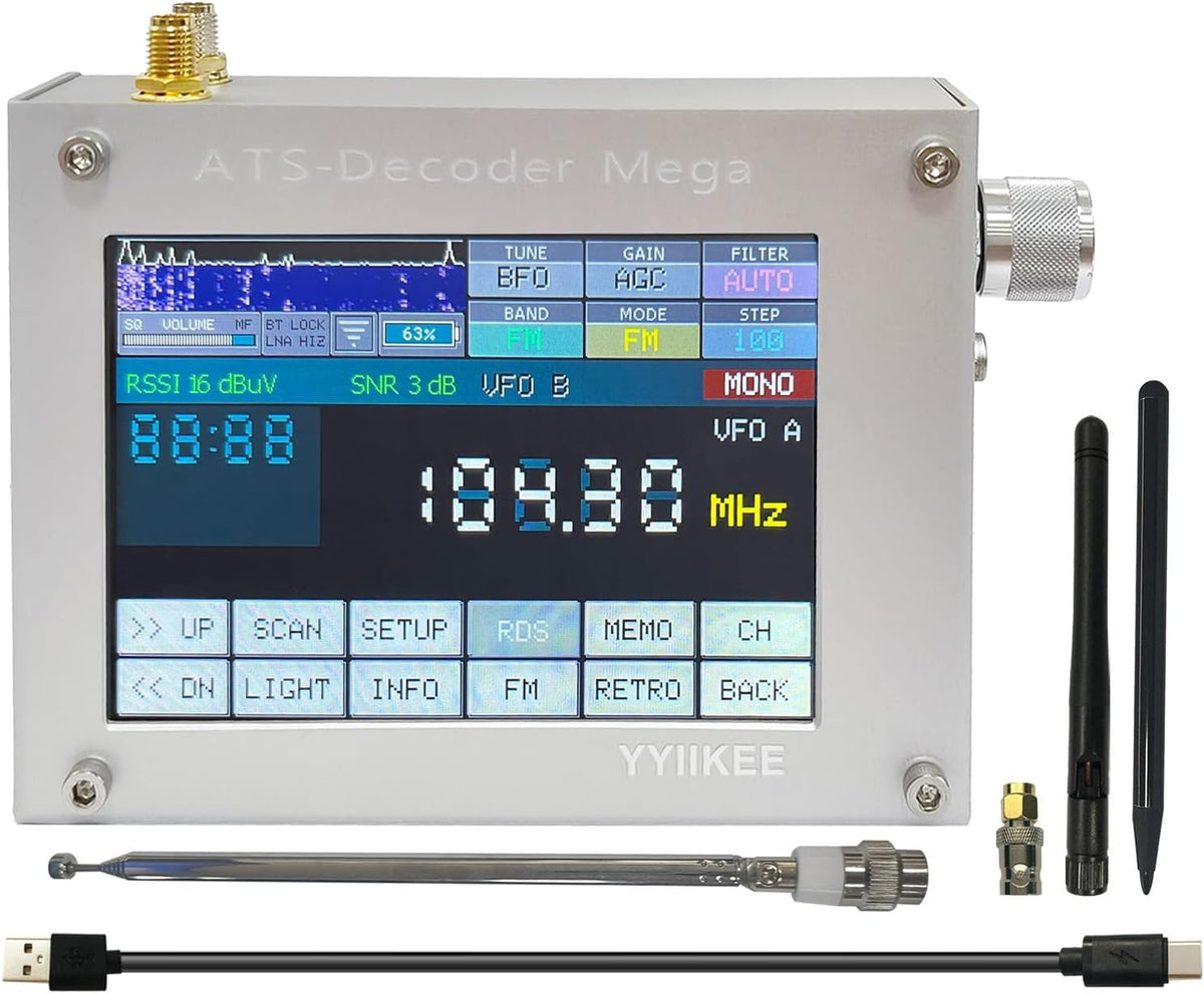 Upgraded ATS-Decoder Mega SDR Radio Receiver 4" Touch Color Screen SI4735D60 High-Sensitivity Chip AM FM SYNC SSB CW DIGI Built-in 4000mAh Battery Aluminum Alloy Housing, Stereo Speakers
