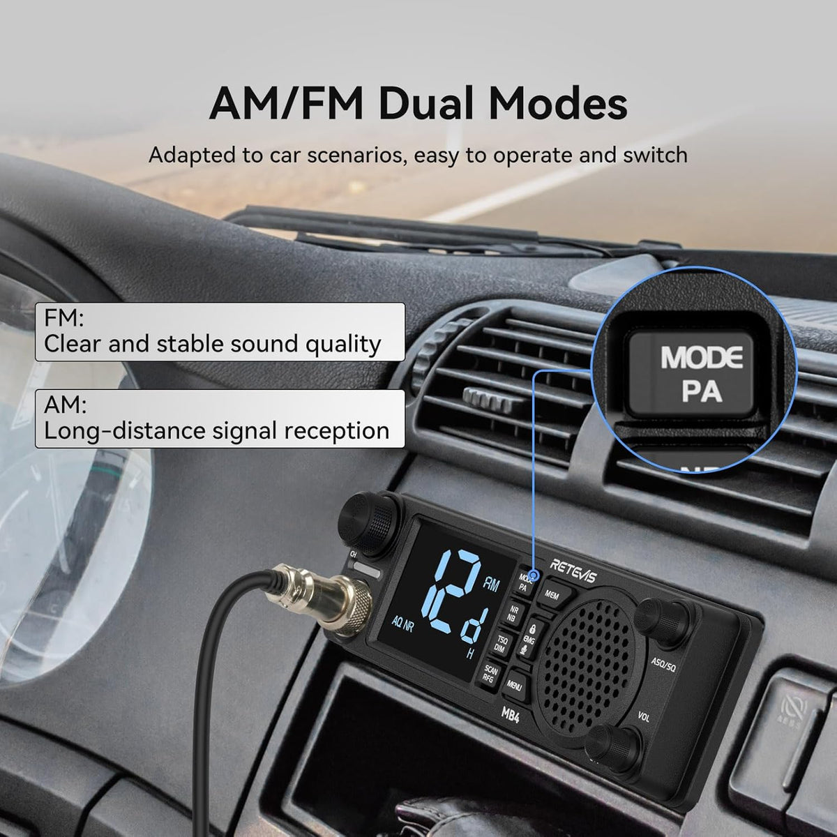 Retevis MB4 DIN Mount CB Radio kit with Antenna,External CB Speaker(1 Pack)