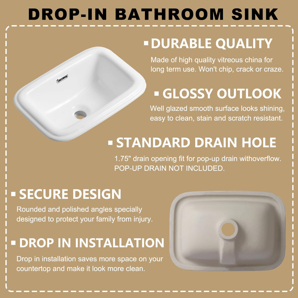 19 Inch Drop In Bathroom Vessel Sink with Overflow Rectangle White