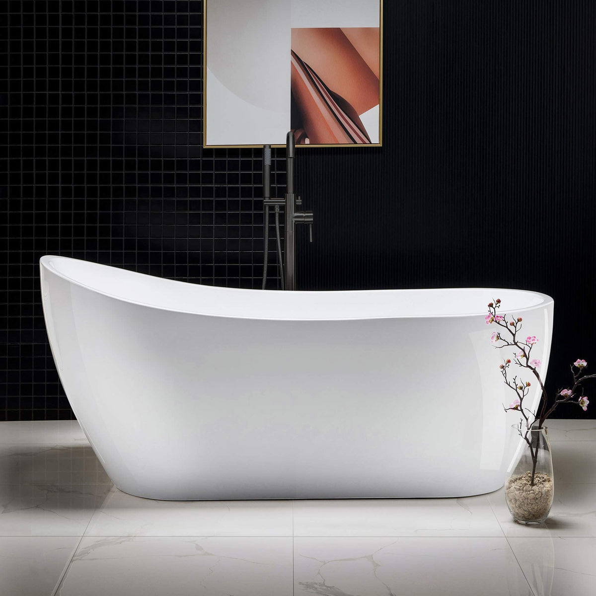 WOODBRIDGE 54"Freestanding White Acylic Soaking Bathtub with Brushed Nickel Drain and Overflow,BTA1507 -B/N-Drain &O