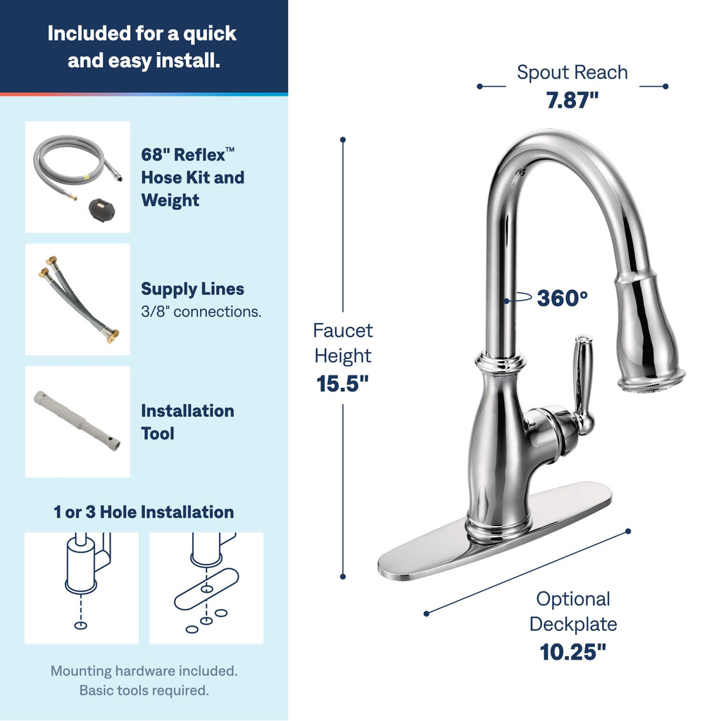 Moen Brantford Oil Rubbed Bronze Traditional One-Handle Kitchen Faucet with Pulldown Sprayer Featuring Power Boost and Reflex Docking System, 7185ORB