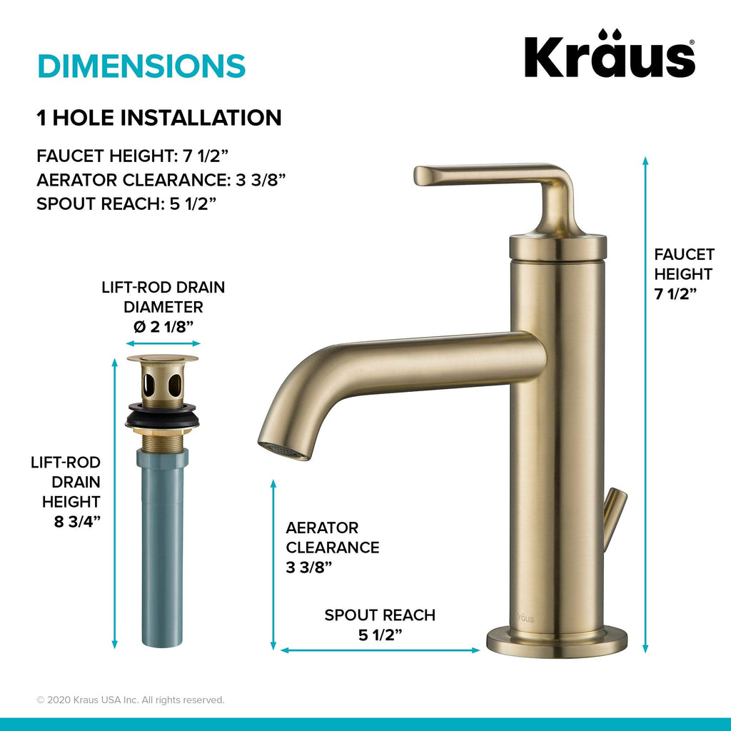 KRAUS Ramus Single Handle Vessel Sink Bathroom Faucet with Pop-Up Drain in Brushed Gold, KVF-1220BG