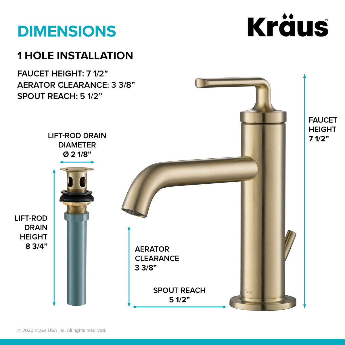 KRAUS Ramus Single Handle Vessel Sink Bathroom Faucet with Pop-Up Drain in Brushed Gold, KVF-1220BG