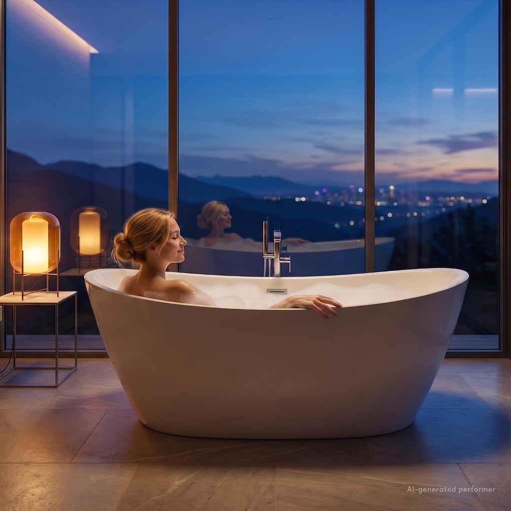 Empava 59 Inch Freestanding Bathtub, Acrylic Deep Soaking Tub, White
