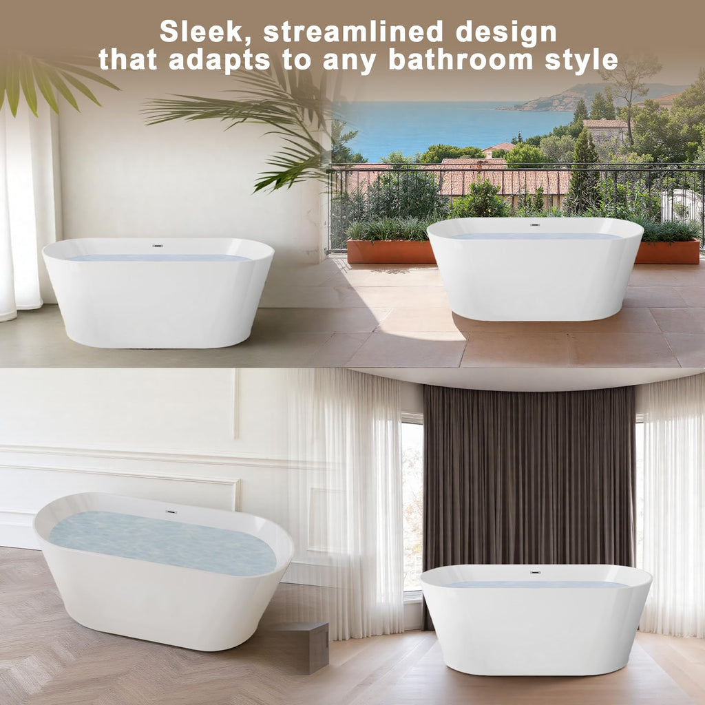 GDFStudio 67" Acrylic Freestanding Bathtub with Diamond Pattern, Modern Oval Soaking Tub, Freestanding Bath Spa Tub, Brushed Nickel Overflow & Pop-Up Drain, cUPC Certified, Glossy White