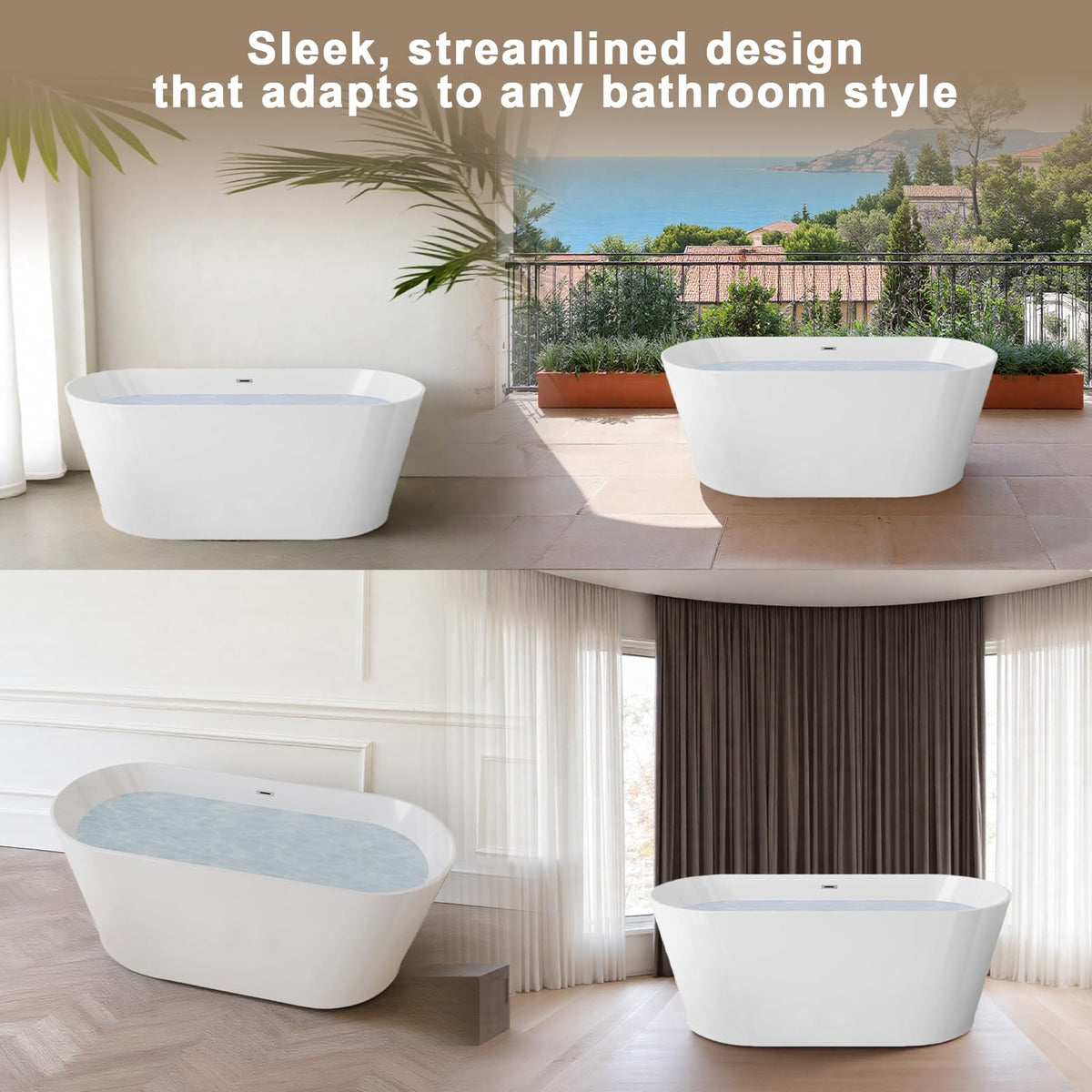 GDFStudio 67" Acrylic Freestanding Bathtub with Diamond Pattern, Modern Oval Soaking Tub, Freestanding Bath Spa Tub, Brushed Nickel Overflow & Pop-Up Drain, cUPC Certified, Glossy White