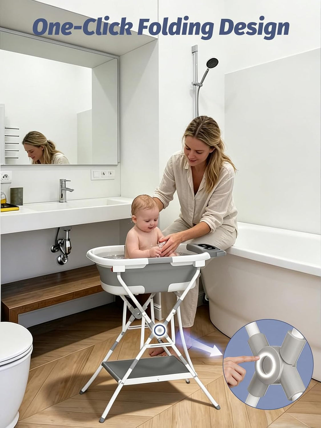Baby Bathtub with Stand, Foldable Metal Standing Baby Bath Tub, 3-in-1 Anti-Slip Collapsible Tub with Cushion Storage Pad, Elevated Design for Newborn Toddler, Gray