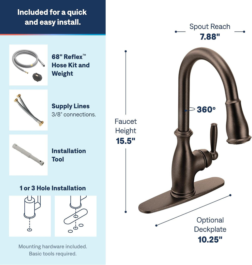Moen Brantford Oil Rubbed Bronze Traditional One-Handle Kitchen Faucet with Pulldown Sprayer Featuring Power Boost and Reflex Docking System, 7185ORB